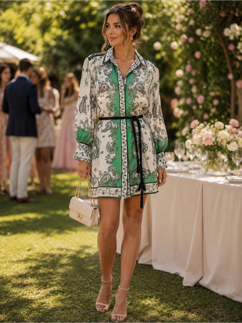 Alice + Olivia Oralia Green and Ivory Paisley Mini Shirt Dress with Black Belt